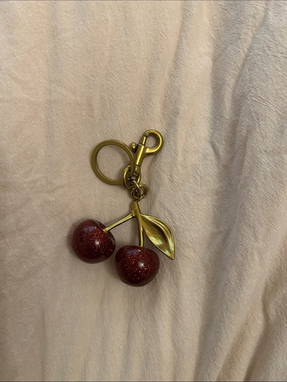 Gold Cherry Keychain Charm with Red Glitter Cherries